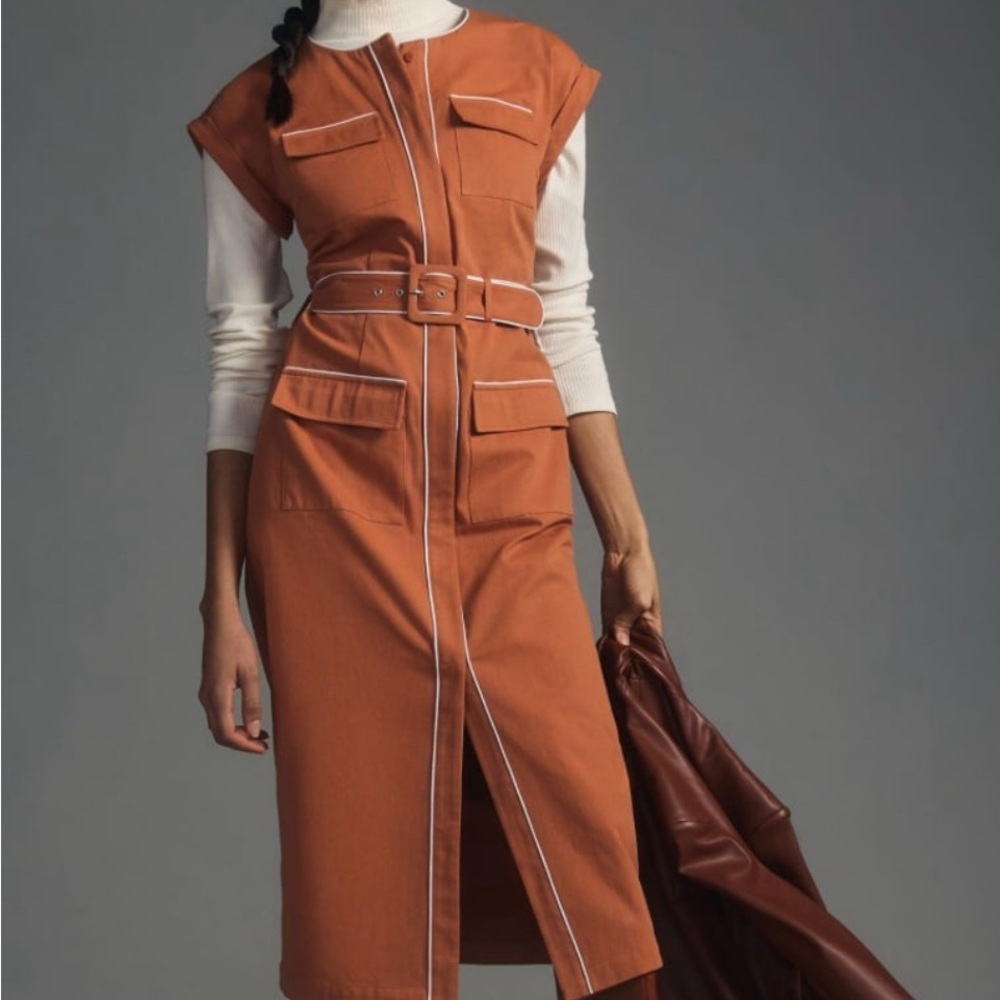 Anthropologie Orange Sheath Midi Dress Sleeveless Crew Neck